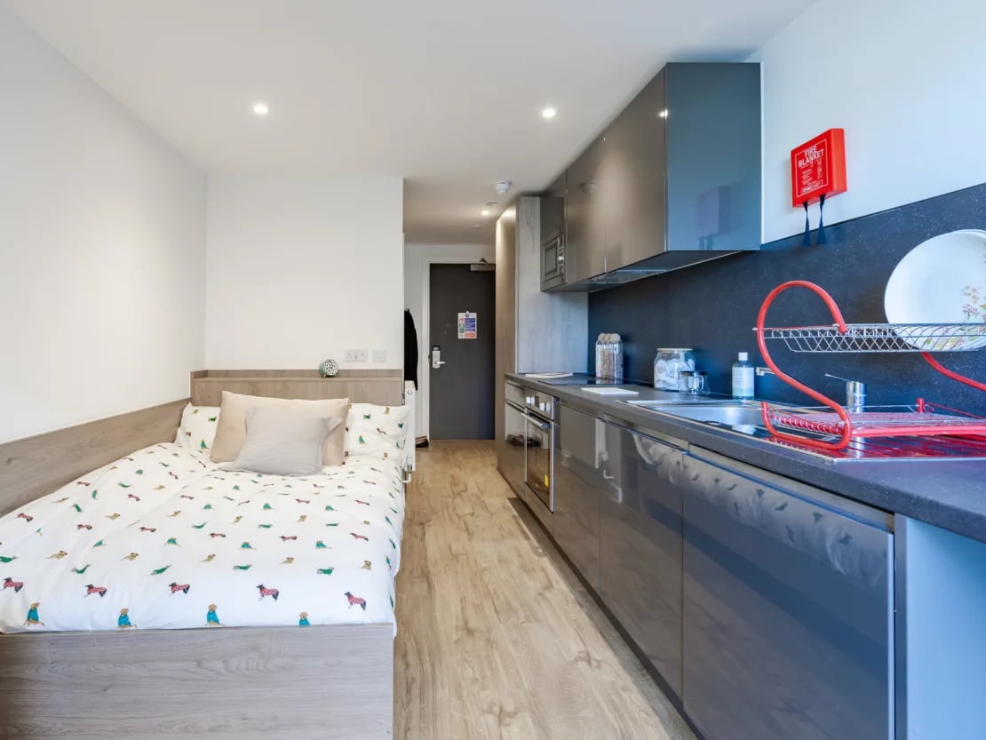 Bed kitchen area and fire blanket studio apartment at Pavilion Point in Brighton Student Accommodation