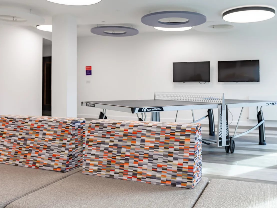 Ping pong table and modern seating communal area at Pavilion Point in Brighton Student Accommodation