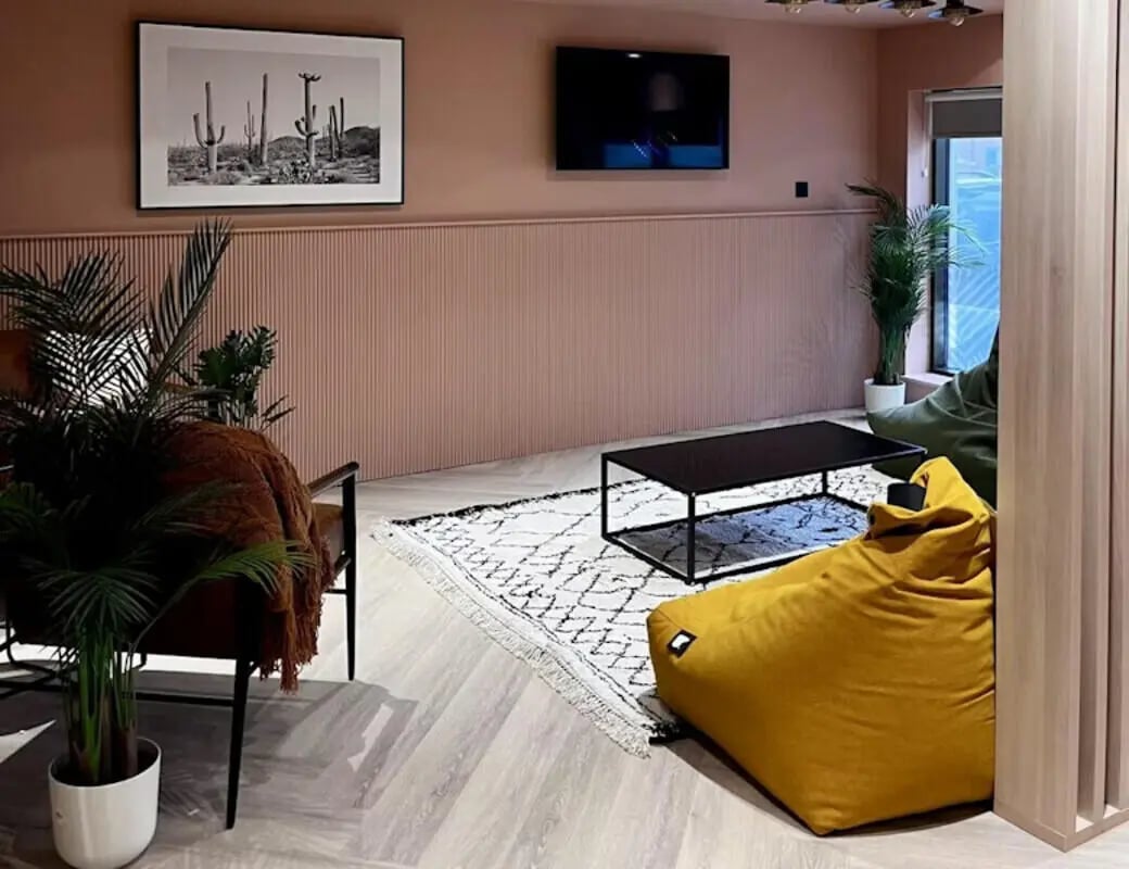 Beanbag chair and coffee table in living room at Byrom Point in Liverpool Student Accommodation