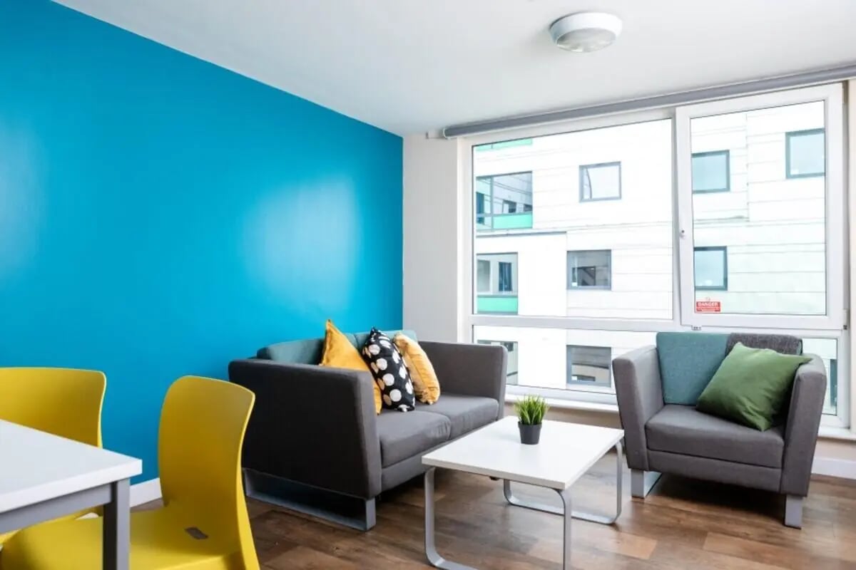 Sofa armchair cushions table plant living room at Burley Road in Leeds Student Accommodation