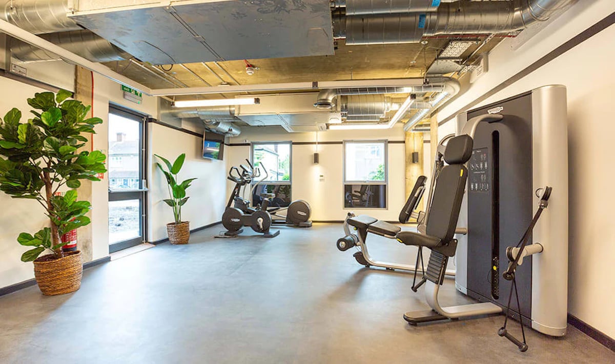 Gym equipment with plants and doors gym area at Westcombe House in London Student Accommodation