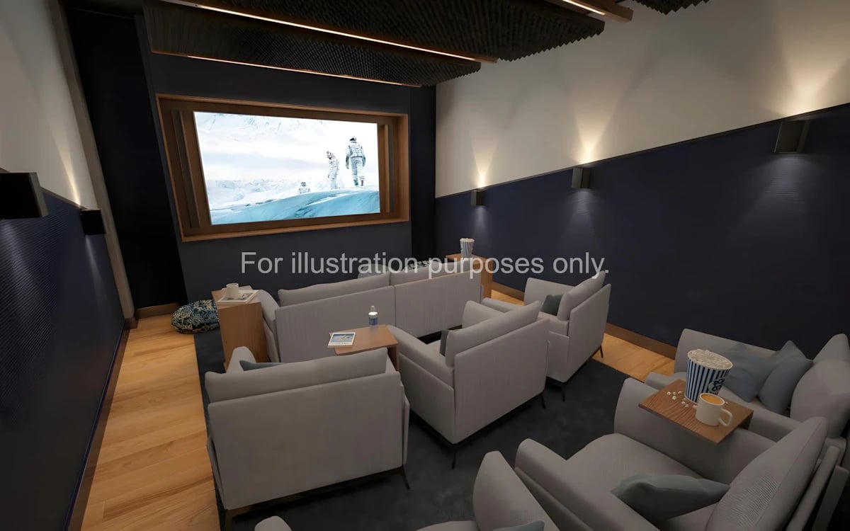 Sofa seating and large screen entertainment room at Westcombe House in London Student Accommodation