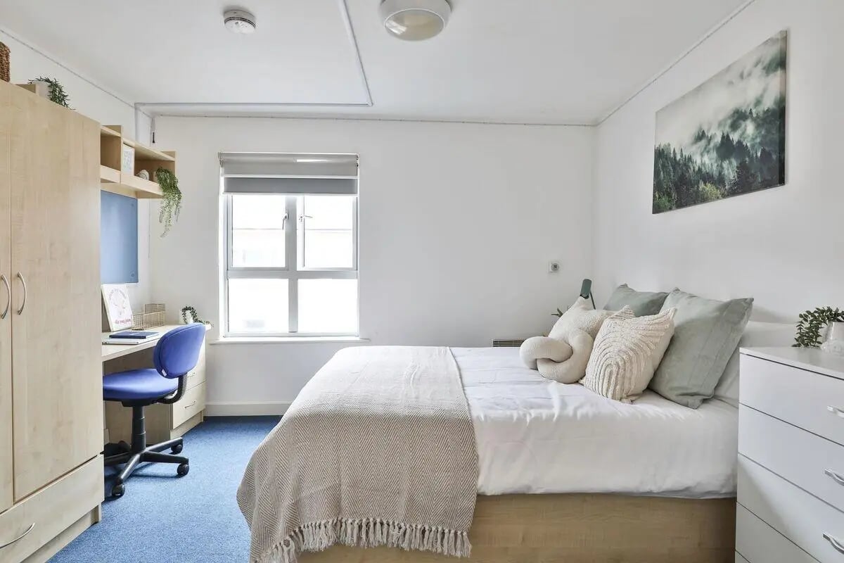Bed desk wardrobe plant and window Bedroom at Pavilion Court in Canterbury Student Accommodation