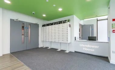 Mailboxes reception desk and doors interior image at Glendower House in Cardiff Student Accommodation