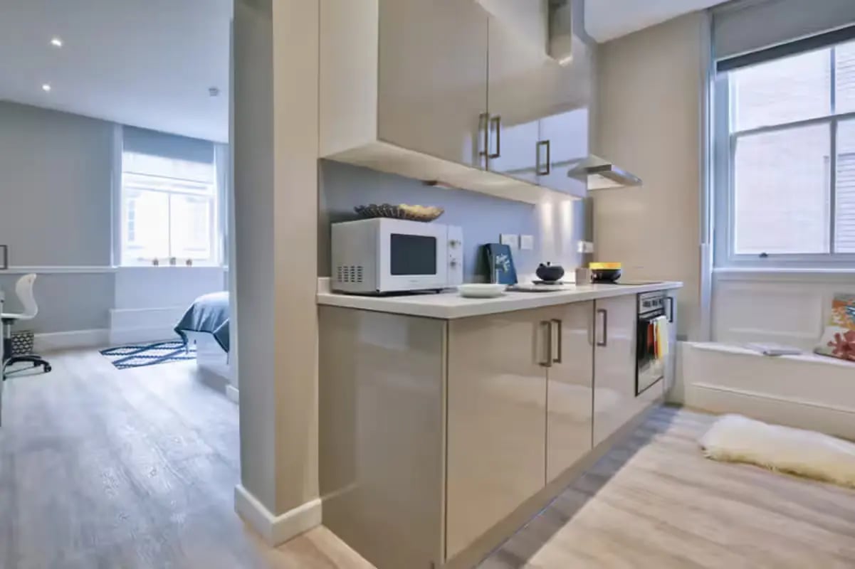 Kitchenette with microwave and oven kitchen at Provincial House in Sheffield Student Accommodation