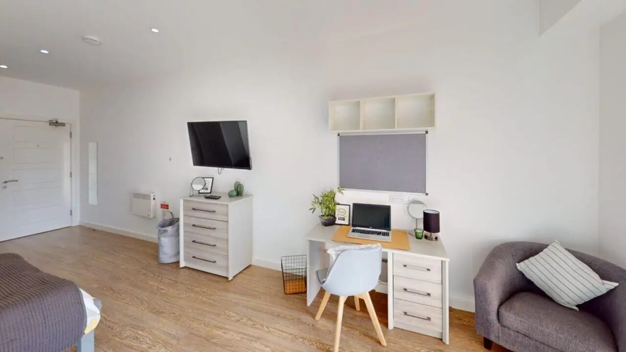 Desk with laptop and chair study area at St Marks Court - Nottingham in Nottingham Student Accommodation