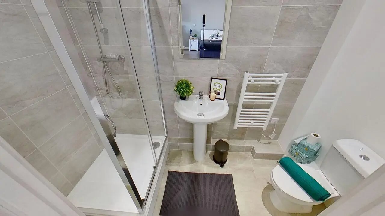 Shower sink toilet towel rack bathroom at St Marks Court - Nottingham in Nottingham Student Accommodation