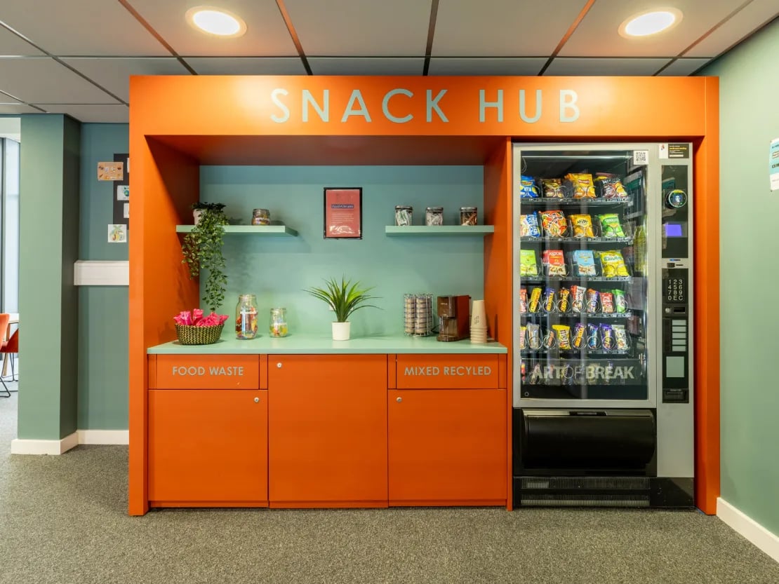 Snack vending machine with food waste recycling area communal space at Radford Mill in Nottingham Student Accommodation