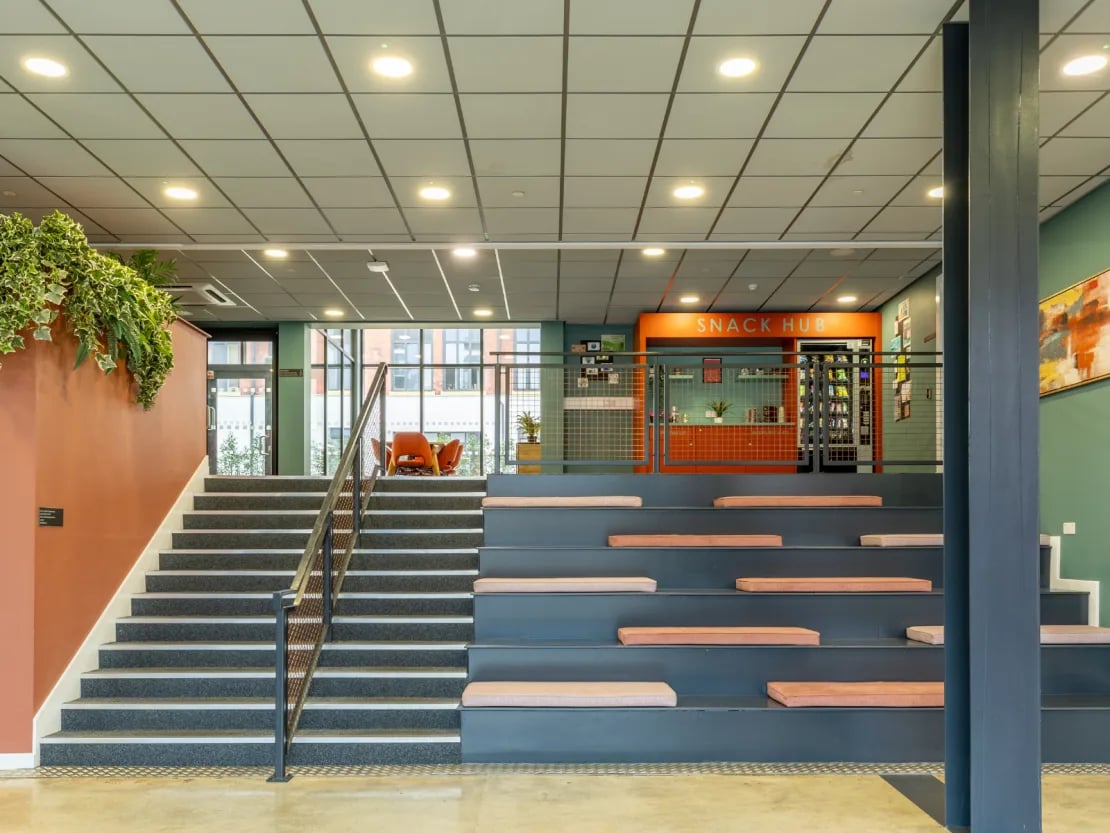 Steps with seating snack hub and seating area communal space at Radford Mill in Nottingham Student Accommodation
