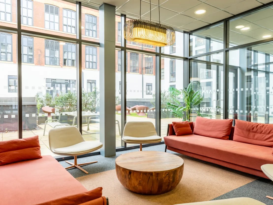 Sofa chairs and coffee table in common room at Radford Mill in Nottingham Student Accommodation