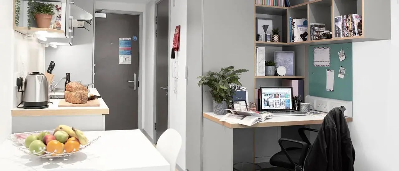 Kettle bread fruit desk and shelves bedroom at Lace Market Studios in Nottingham Student Accommodation