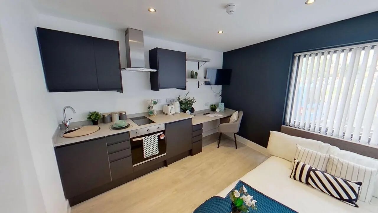 Kitchen desk and bed Student studio at Dojo House Nottingham in Nottingham Student Accommodation