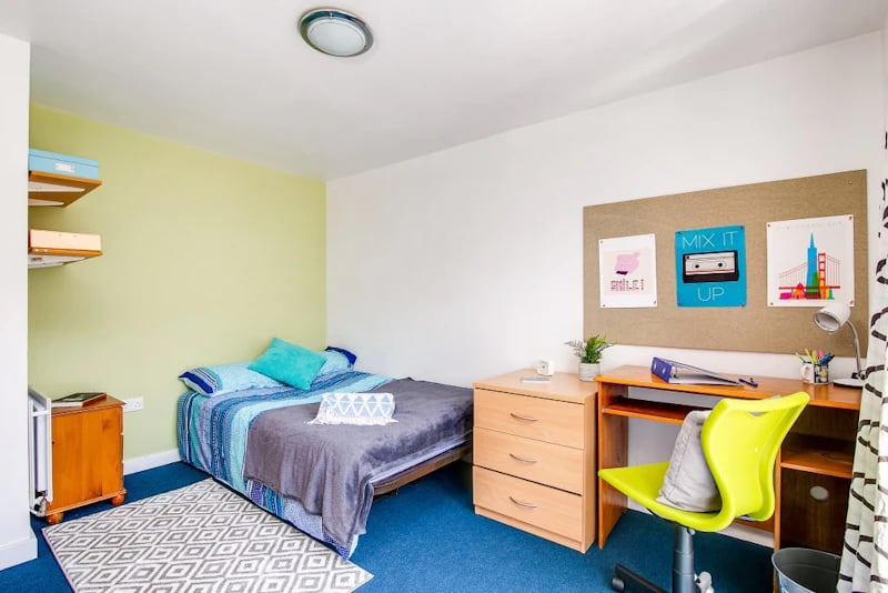 Bed desk and storage unit bedroom at Parham Student Village in Canterbury Student Accommodation