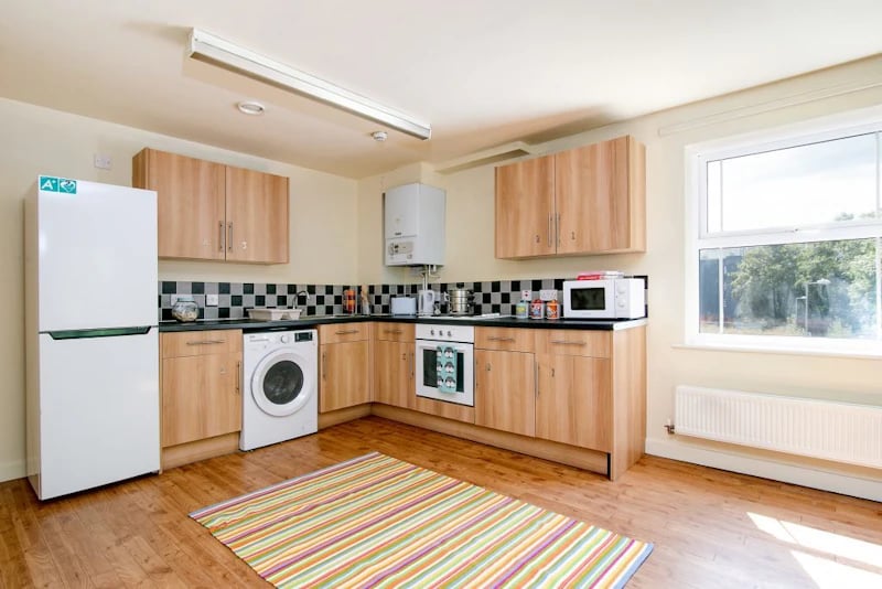 Fridge washing machine oven microwave kitchen at Parham Student Village in Canterbury Student Accommodation