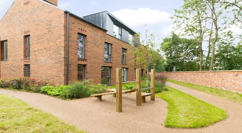 Brick building with outdoor gym exterior at Duresme Court in Durham Student Accommodation