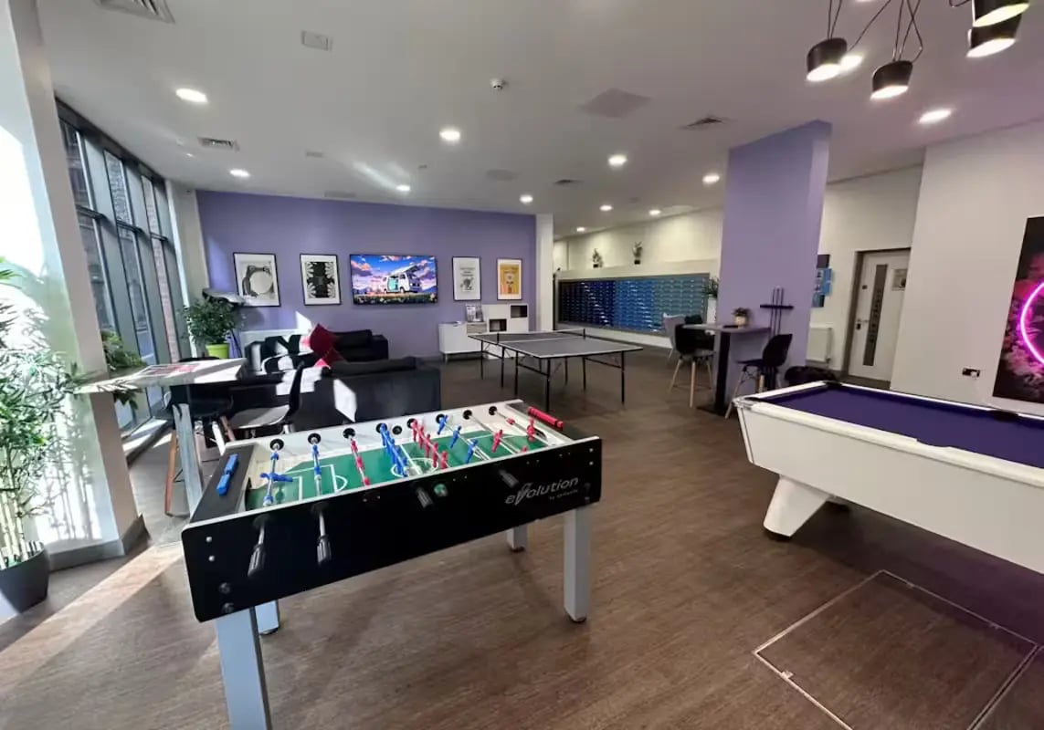 Foosball table pool table ping pong table common area at Great Patrick Street in Belfast Student Accommodation
