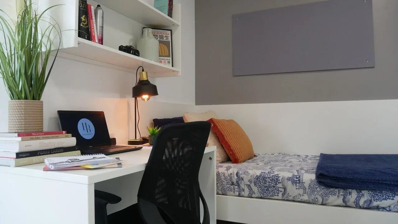 Desk bed chair plant books laptop room at Theatre House in Coventry Student Accommodation