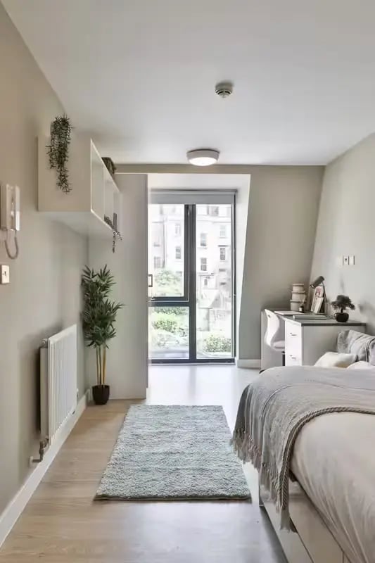 Bed desk radiator plant rug balcony window bedroom at James House in Bath Student Accommodation