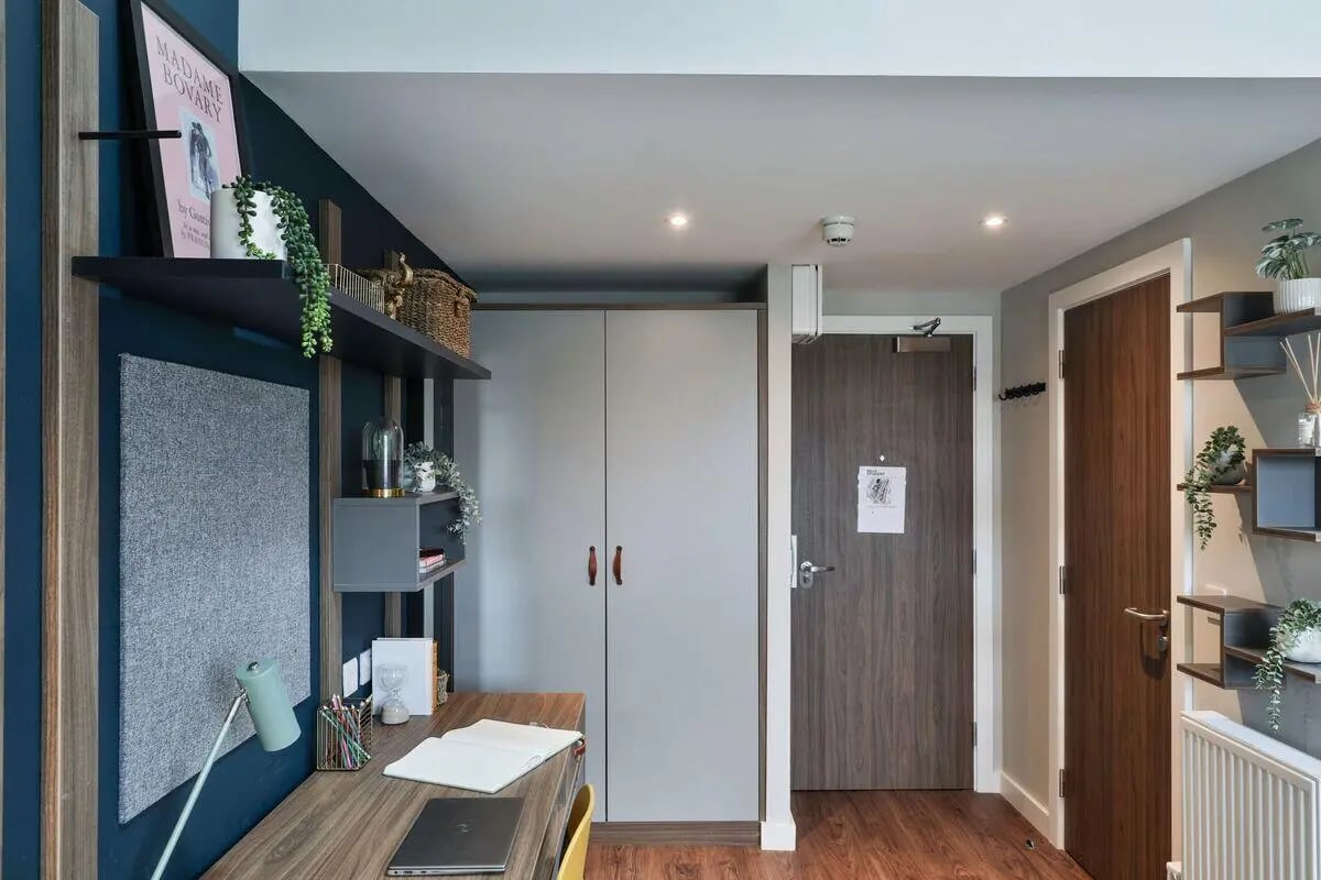 Desk shelves wardrobe and doors interior at St Mary's in Bristol Student Accommodation