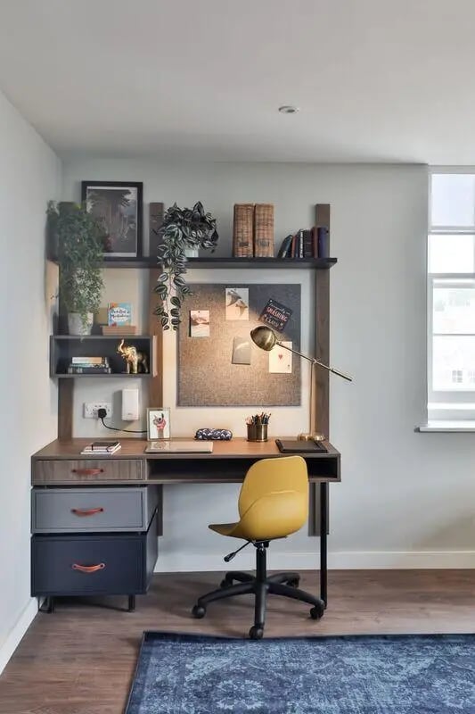 Desk with chair and shelves study area at St Mary's in Bristol Student Accommodation