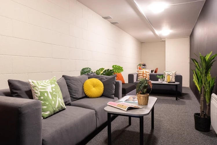 Grey couches plants magazines coffee table living room at Spring Gardens in Aberdeen Student Accommodation