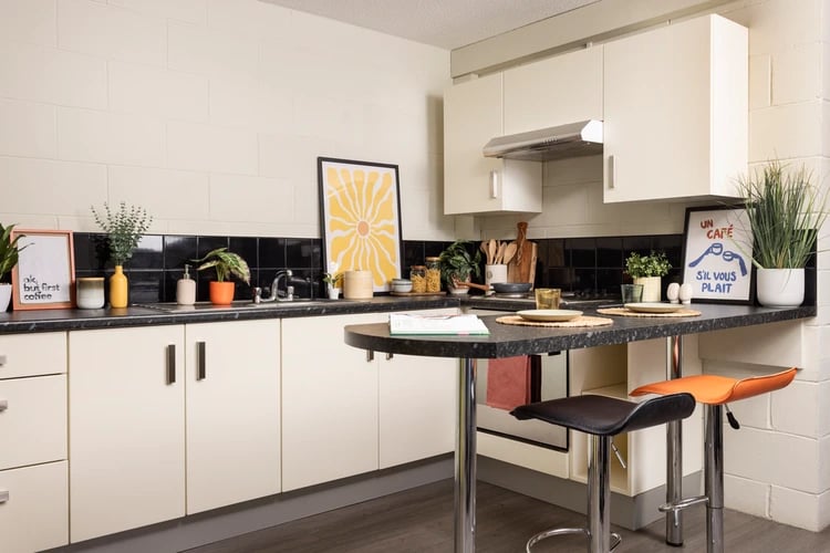 Kitchen cabinets counter bar stools and artwork kitchen at Spring Gardens in Aberdeen Student Accommodation