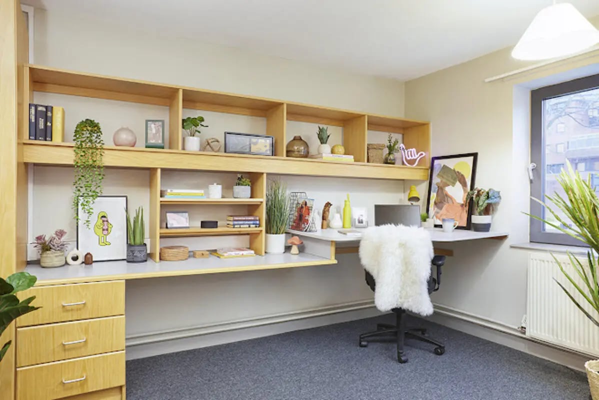 Desk with shelves and chair study area at Lakeside in Birmingham Student Accommodation