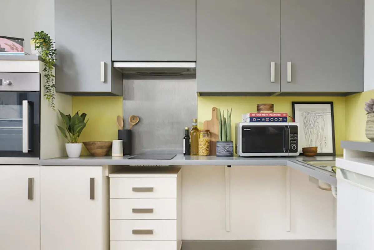 Microwave plants and drawers kitchen at Staniforth House in Birmingham Student Accommodation