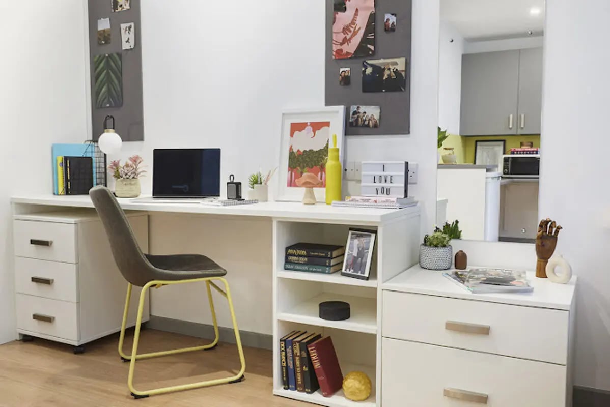 Desk chair laptop books storage study area at Staniforth House in Birmingham Student Accommodation