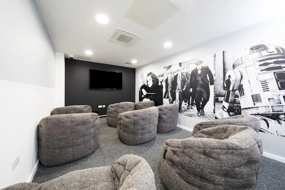 Beanbags and TV wall art Cinema room at Staniforth House in Birmingham Student Accommodation