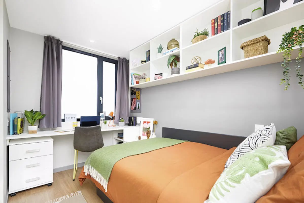 Bed desk shelves and storage Bedroom at Staniforth House in Birmingham Student Accommodation