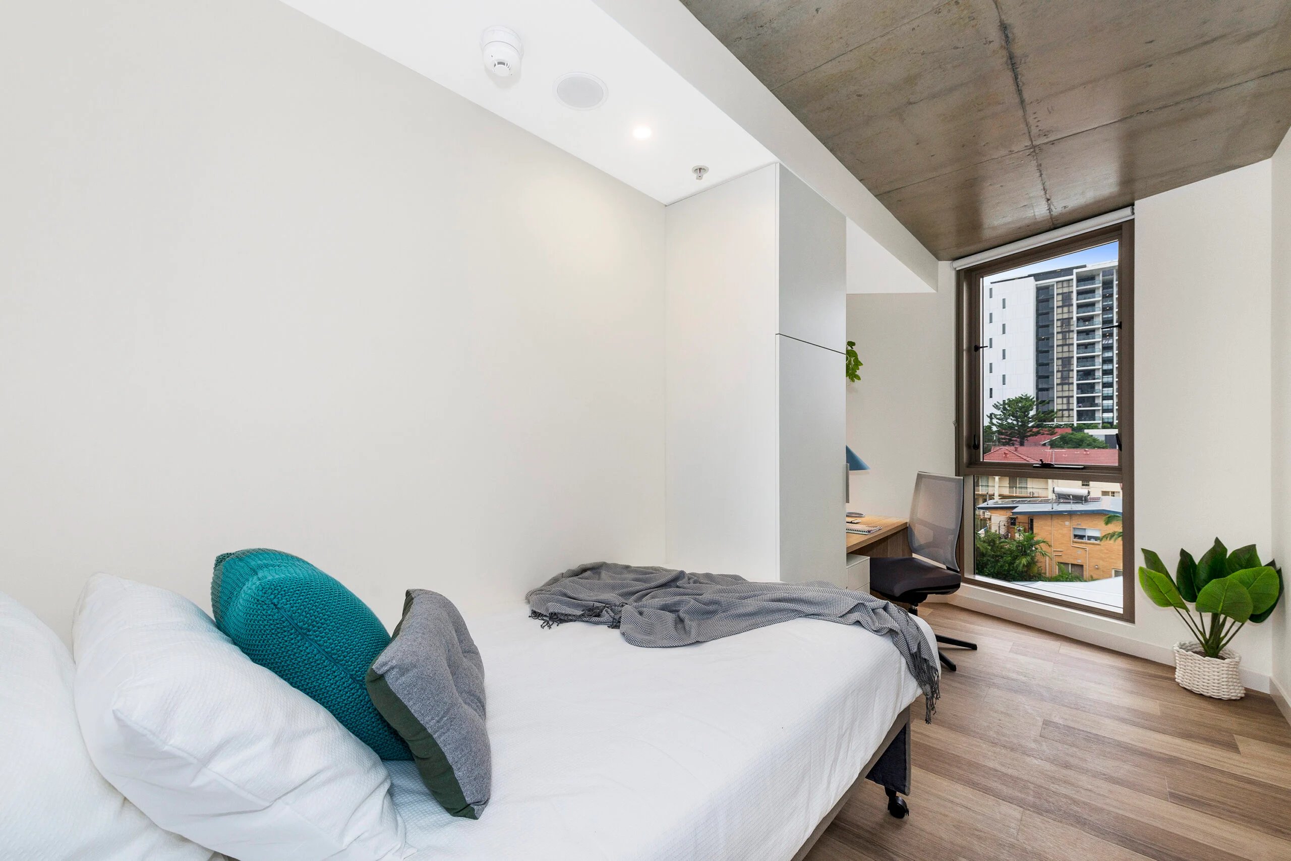 Bed with pillows and throw desk and chair bedroom at Scape St Lucia in Brisbane Student Accommodation