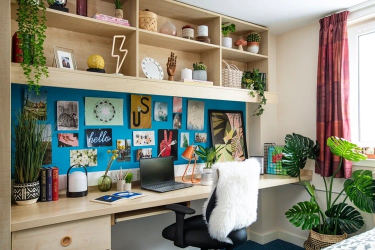 Desk with laptop photos plants and shelves study area at Merchant City House in Glasgow Student Accommodation