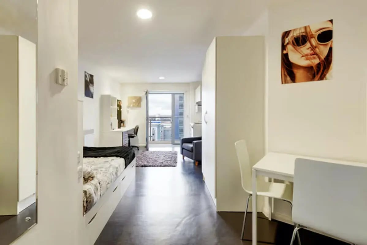 Bed desk chair and furniture study area at Lucas Studios in Birmingham Student Accommodation