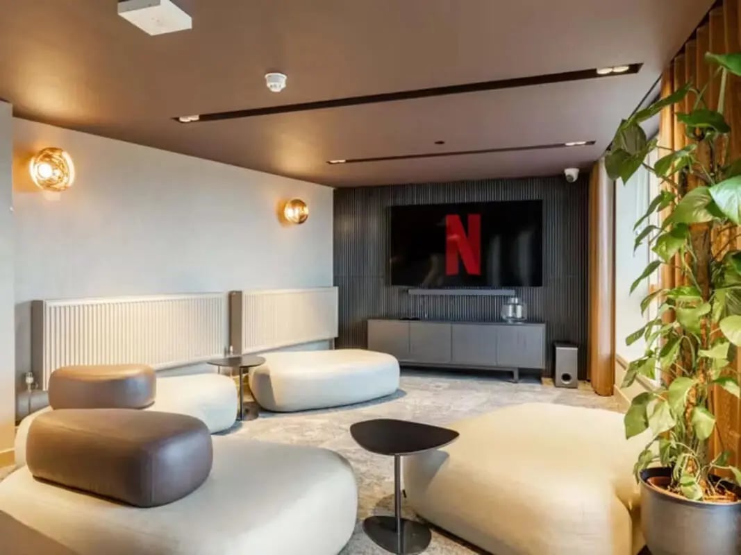 Modern lounge with Netflix TV and plush seating Living room at Potterrow in Edinburgh Student Accommodation