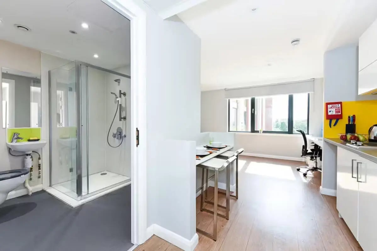 Shower sink table desk kitchen living room at Merchant Studios in Glasgow Student Accommodation