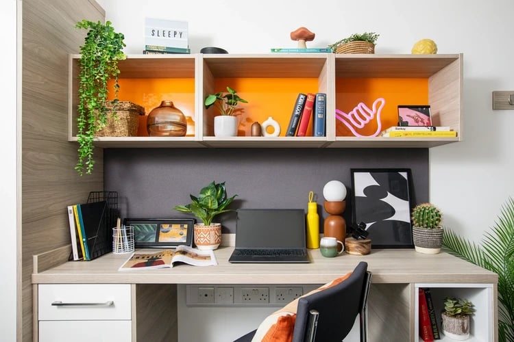 Desk with laptop plants and decor study area at Arbour House in London Student Accommodation