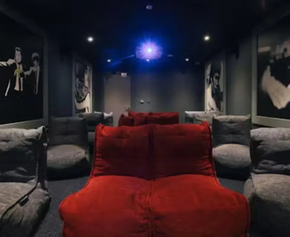 Beanbag chairs and movie posters cinema room at College Green in Bristol Student Accommodation