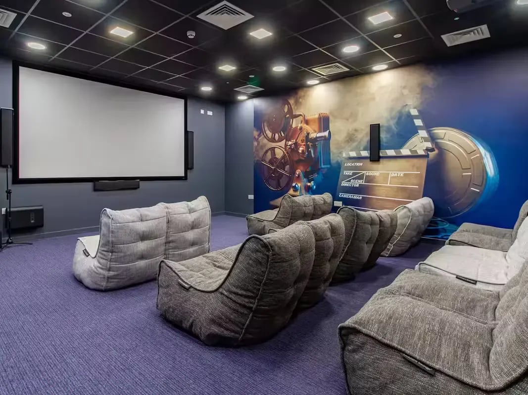 Screen beanbag chairs movie wall lounge at Plymouth Cross House in Plymouth Student Accommodation