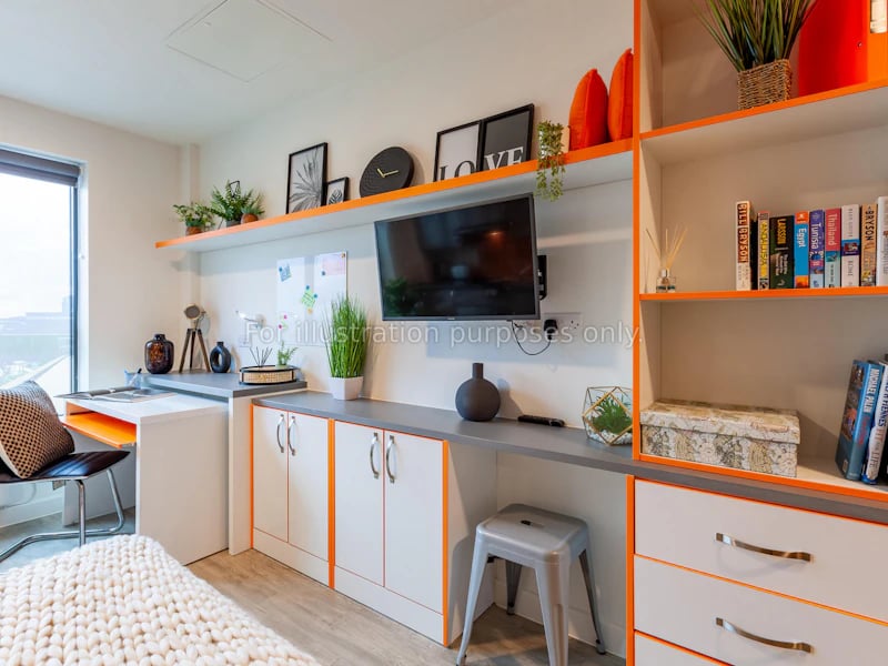 Desk television shelving and chair study area at Hannah Court in Sheffield Student Accommodation