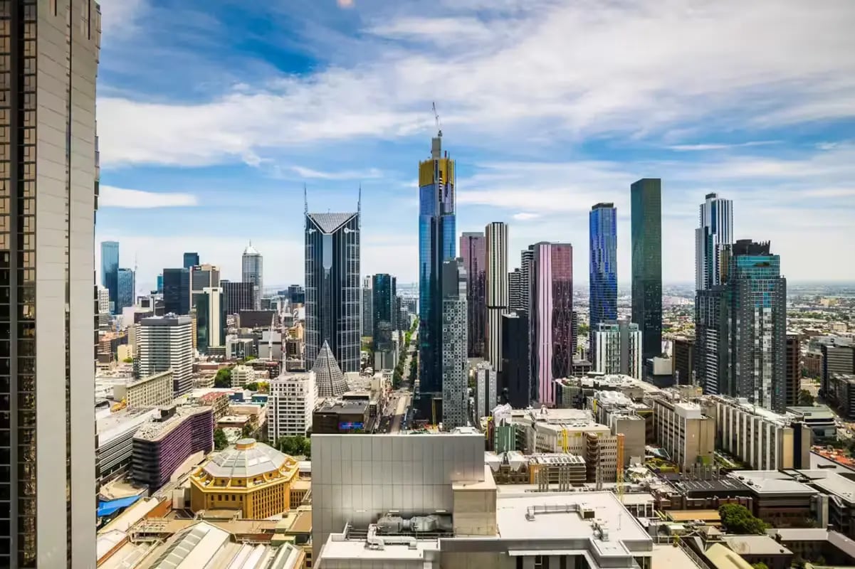 Cityscape with skyscrapers and blue sky exterior at Scape La Trobe in Melbourne Student Accommodation