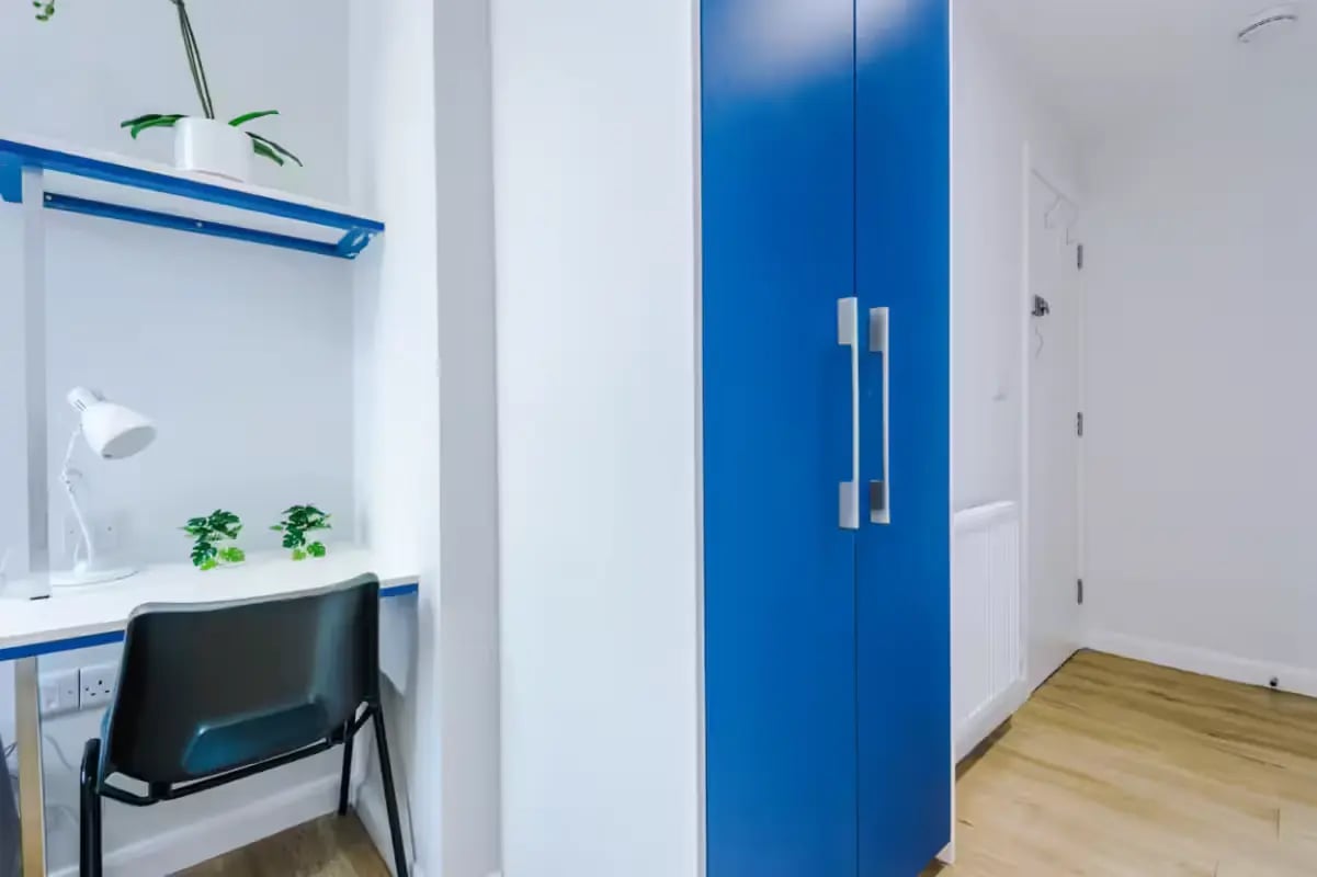 Desk lamp chair plants and blue wardrobe bedroom at 32 Cauldon Road in Stoke-On-Trent Student Accommodation