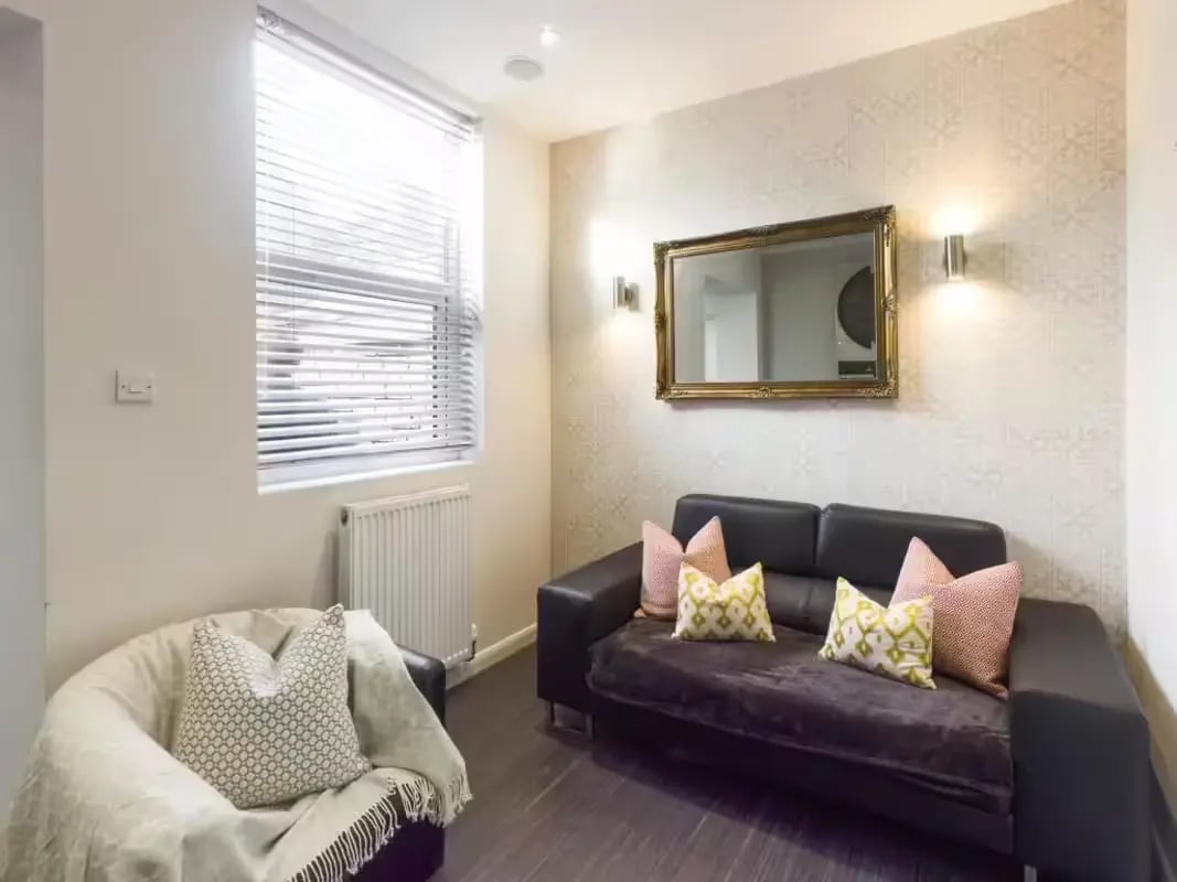Dark sofa patterned pillows mirror and chair living room at 125 Leek Road in Stoke-On-Trent Student Accommodation