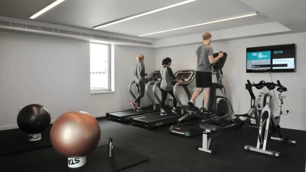 Gym with treadmills exercise balls and rowing machine Gym at Victoria Hall Kings Cross in London Student Accommodation