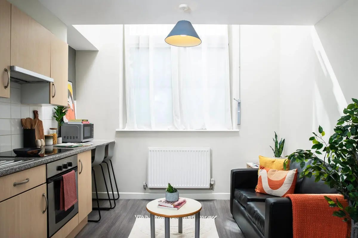 Kitchen couch plants and window living area at Quantum Court in London Student Accommodation
