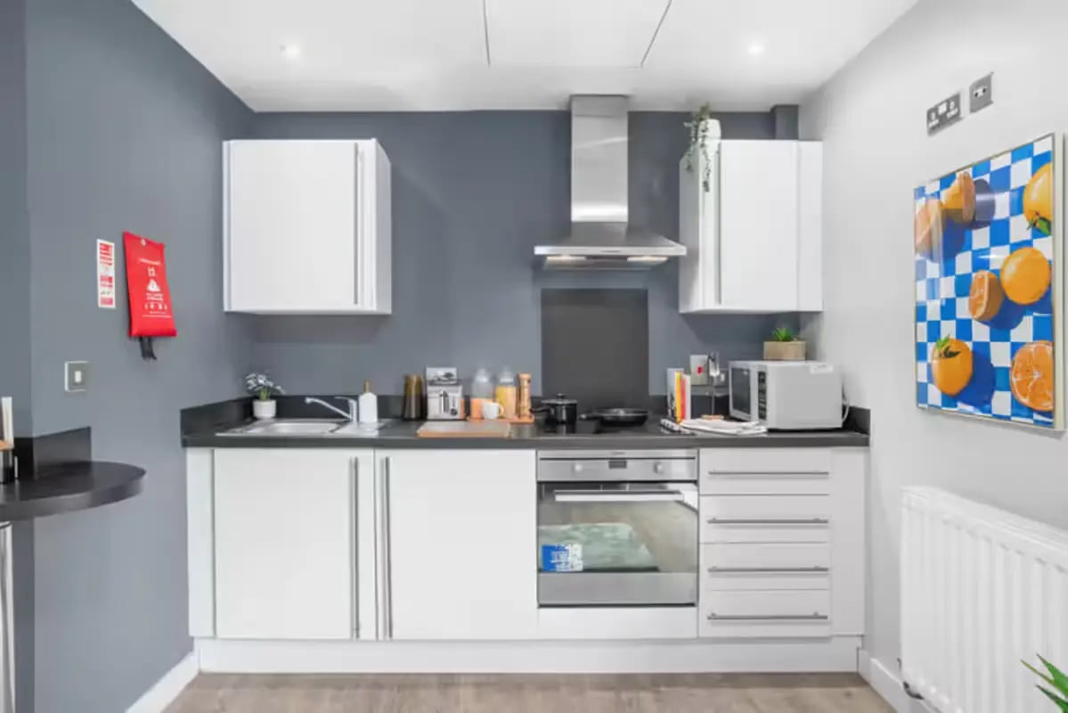 White cabinets sink toaster microwave and artwork kitchen at Alwyn Court in Cardiff Student Accommodation