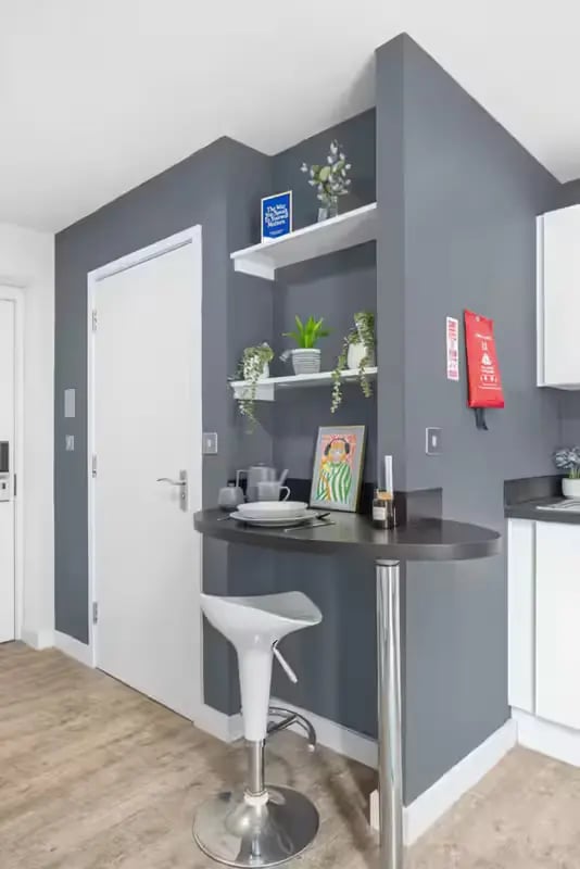 Bar stool table plants and door kitchen at Alwyn Court in Cardiff Student Accommodation