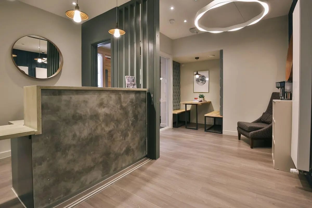 Reception desk mirror and seating area reception at Bath Street in Glasgow Student Accommodation