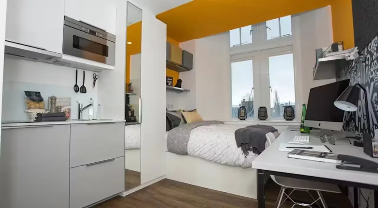 Modern studio kitchen bed desk living room at Riverside Glasgow in Glasgow Student Accommodation