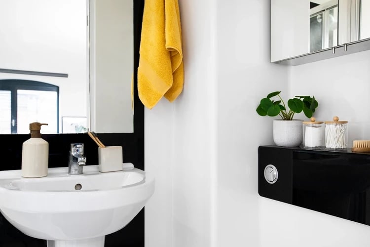 Sink soap dispenser toothbrush holder plant cotton swabs bathroom at Brunel House in Bristol Student Accommodation